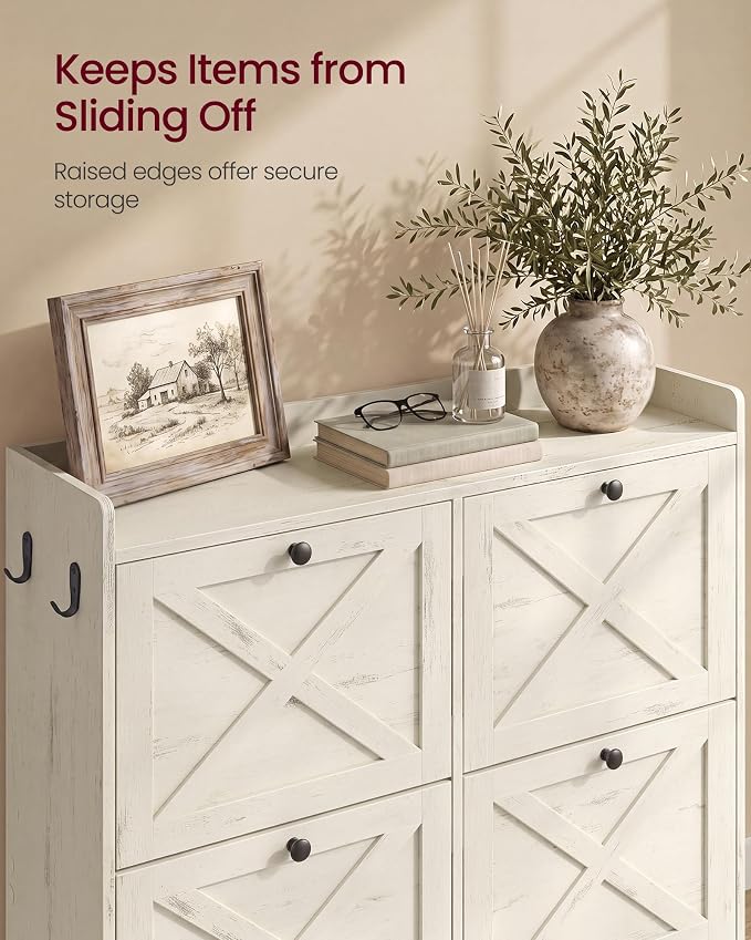VASAGLE Narrow Shoe Storage Cabinet Organizer with 4 Flip Drawers | Freestanding Shoe Rack, Fits 16 to 24 Pairs, for Entryway, Farmhouse Style, Rustic White, HANIS Collection UHSC403WJ01S - Image 6