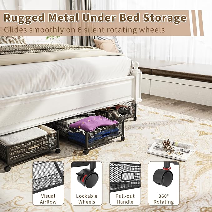 Under Bed Storage on Wheels, Upgraded 31.5 inch Large Rolling Under Bed Storage, Metal Foldable Underbed Drawers Organizer Tool-free Assembly Underbed Shoes Clothes Organize - Image 4