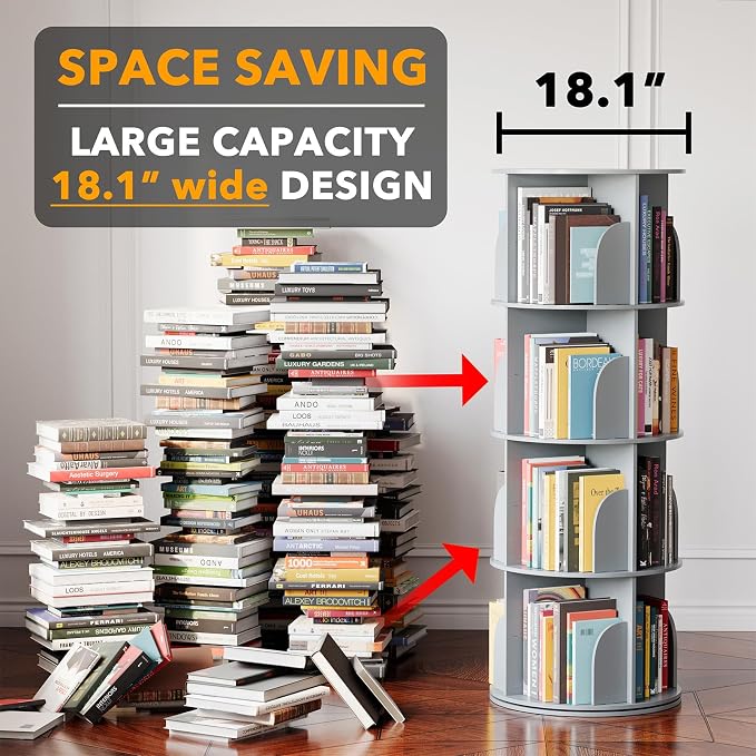 SpaceAid 4 Tier Rotating Bookshelf Tower, Spinning Bookcase Lazy Susan, Revolving 360 Book Shelf Storage Round Carousel, Vertical Rotate Turning Spiral Corner Organizer, Gray - Image 3