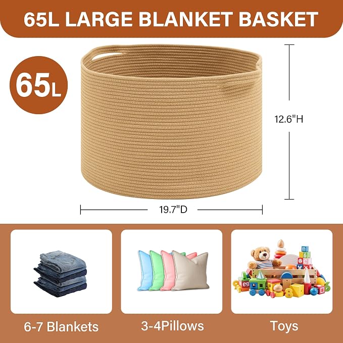 Foldable Laundry Hamper Basket with Collapsible Handle Cotton Rope Soft Woven Fabric Storage Organizer Clothes Toys Nursery Bedroom Dorm Space Saving Bin (Camel, 65L(19.7"D x 12.6"H)) - Image 6