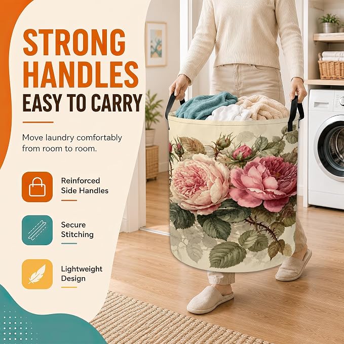 Vintage Peony Flower Laundry Basket,Foldable Oxford Laundry Hamper with Handles,Collapsible Clothes Storage Bucket Tote Bag for Laundry Room,Bathroom,Bedroom,Dorm - Image 5