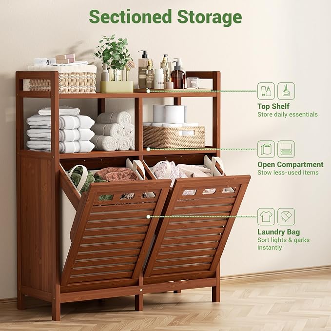 Homykic Tilt Out Laundry Hamper Cabinet, Bamboo Laundry Organizer, Walnut - Image 6