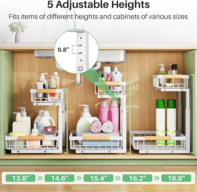 Kitstorack Under Sink Organizer, 2 Tier Under the Sink Storage, Slide out Pull out Cabinet Organizer Shelf, Metal Sliding Drawer for Kitchen Bathroom Pantry Closet Organization Rack, White, 1 Pack - Image 7