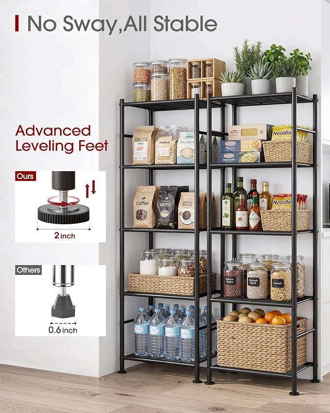Sakugi Storage Shelves - Set of 2, 5-Tier Metal Shelf Organizer, Space-Saving Garage Shelving with Leveling Feet, Standing Shelves Organizer for Kitchen, Laundry, Pantry (18.4" x 12.6" x 57.4", Black) - Image 6