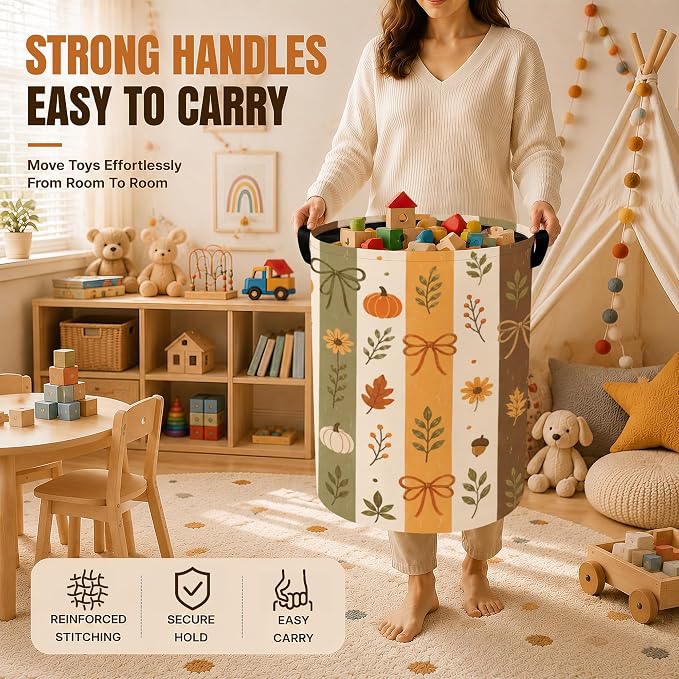 Decorative Laundry Hamper with Fall Pumpkin,Autumn Flower Foldable Oxford Basket with Handles, Portable Clothes Storage Organizer and Dirty Clothes Basket for Laundry Room Bedroom Bathroom Dorm - Image 4
