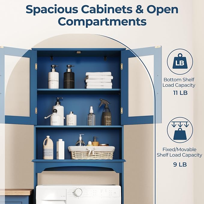 Yaheetech Over the Toilet Storage Cabinet with 2 Glass Doors, Navy Blue - Image 6