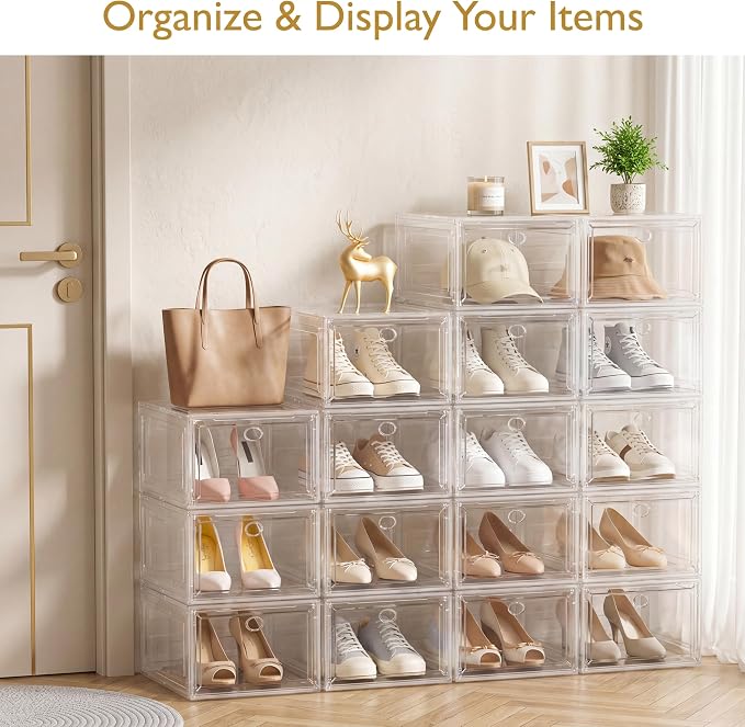 Sturdy Clear Shoe Organizer with Magnetic Door, Stackable Shoe Storage Box | Thick Plastic Shoe Storage for Sneakers & Boots, Collapsible Closet Shoe Rack and Clear Shoe Box, 6 Pack White - Image 9