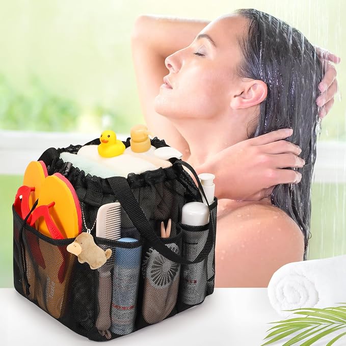famichan Mesh Shower Caddy Portable with Drawstring, Dorm Room Essentials for College Students boy & girl, Larger Shower Bag for Camping,Swimming,Gym,Travel,Bathroom - Black - Image 7