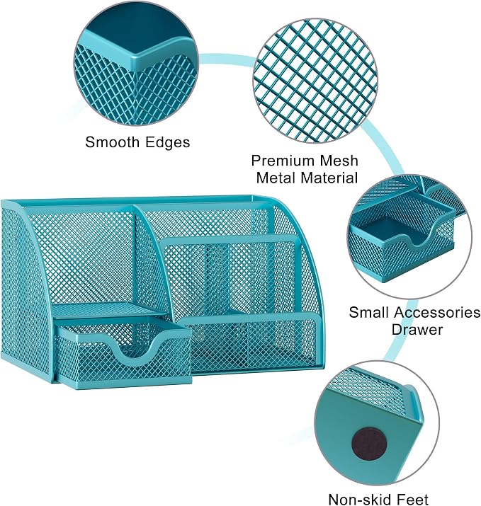 EasyPAG Mesh Desk Organizer with Drawer Multi-functional Pen Holder Stationery Organizer for Office School Supplies 6 Compartments Dorm Organizers and Storage for Desk, Blue - Image 3