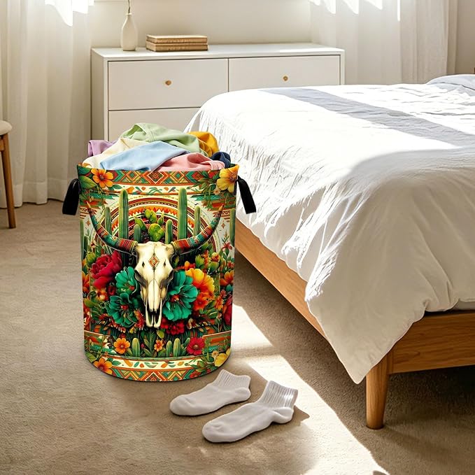 Western Skull Cactus Laundry Basket Foldable Laundry Hamper With Handles Clothes Storage Bucket Organizer Laundry Bag For Bedroom Bathroom Laundry Storage 19.6 x 15.7 - Image 6