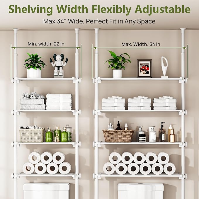 ALLZONE Adjustable Over The Toilet Storage Shelf, 4-Tier Ample Bathroom Organizer and Storage, Tension Mounted Above Toilet Storages Cabinet for Versatility, Fits 66-113 Inch Heights, White - Image 2