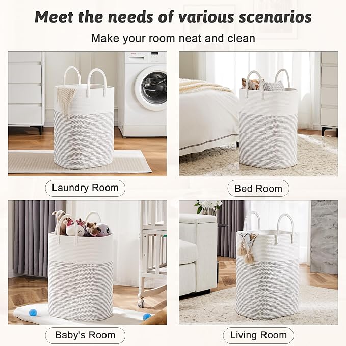 Laundry Basket,Woven Cotton Rope Laundry Hamper,Versatile Storage for Dirty Clothes,Baby Toys,and Blankets in Bathroom, Nursery,and Living Room (White, 60L) - Image 5