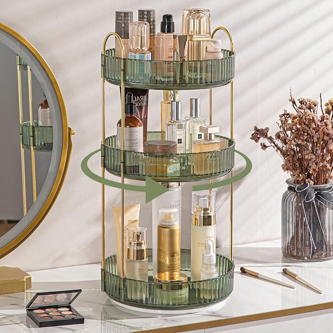 shuang qing Rotating Makeup Organizer for Vanity, High-Capacity Skincare Clear Make Up Storage Perfume Organizers Cosmetic Dresser Organizer Countertop 360 Spinning (Green, 3 Tier) by SHUANGQING