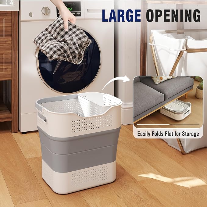 TECHMILLY Collapsible Plastic Laundry Basket Hamper with Handles, 35L Portable Rubber Clothes Basket, Pop Up Storage Container/Organizer with Hanging basket for Washing & Storage, Grey - Image 2