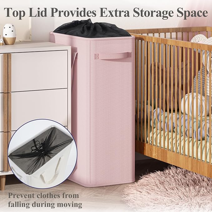 Optish 90L Pink Slim Laundry Hamper, Large Laundry Basket with Handles, Baby Hamper for Nursery, Dorm, Bedroom, Living Room, Collapsible Laundry Basket - Image 4