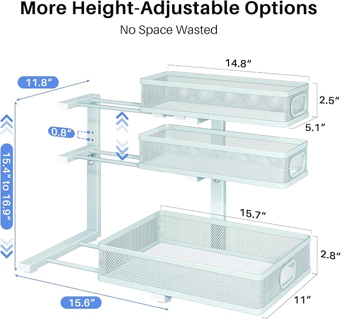 Under Sink Organizer, 3-Tier Thickened Metal Pull out Cabinet Organizer Shelf, Height Adjustable Slide out Storage Drawer Rack for Kitchen Bathroom Pantry Laundry Home, 2-Pack, LightBlue - Image 9