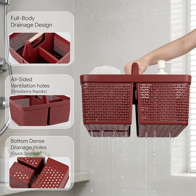 UUJOLY Portable Plastic Shower Caddy Basket with Wooden Handle, Red - Image 3
