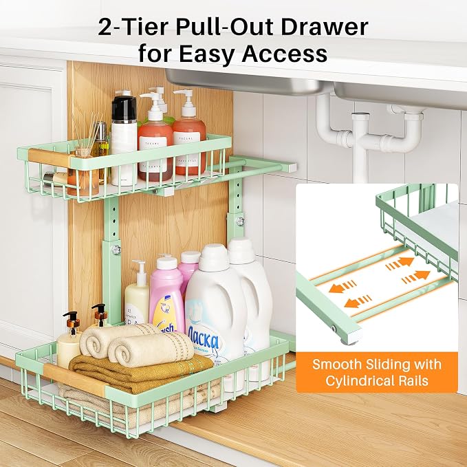 PXRACK Under Sink Organizer, Adjustable Height, 2 Tier Pull Out Under Cabinet Organizer, Slide Out Thickened Metal Under Sink Storage for Kitchen Bathroom Laundry Pantry Cabinet, Green, Large-1-Pack - Image 4