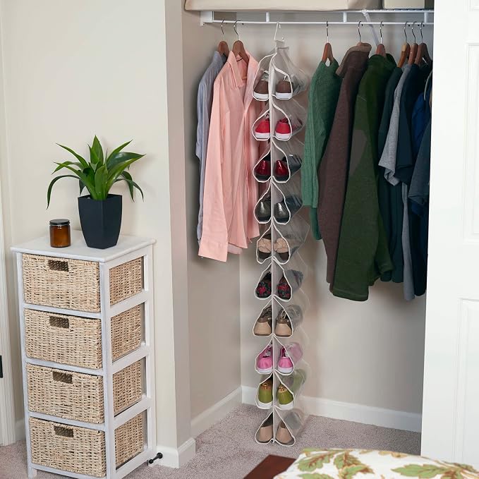 Household Essentials 20‑Pocket Closet Shoe File in Durable Canvas with Plastic Pockets and Single Hook System, Cream - Image 2
