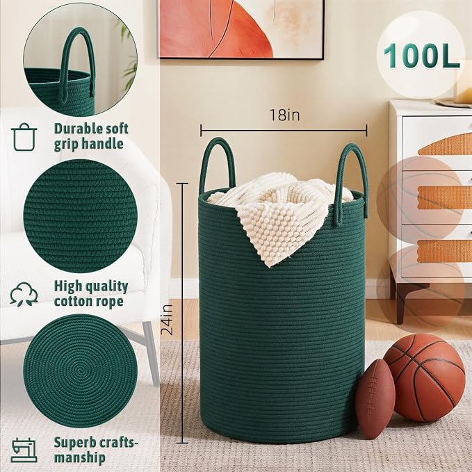 Artfeel Laundry Basket,Woven Cotton Rope Laundry Hamper,100L for Decorative Storage of Dirty Clothes,Toys and Blankets in Bathroom,Baby Room and Living Room - Image 6