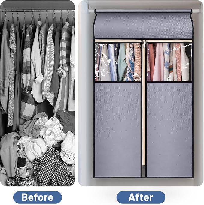 SLEEPING LAMB 35" Garment Bags for Hanging Clothes Storage, Sealed Completely Clothing Rack with Cover with Zipper Clear PVC Window Coat Cover for Closet, Sweaters, Suits protector, 2 Packs, Grey - Image 7