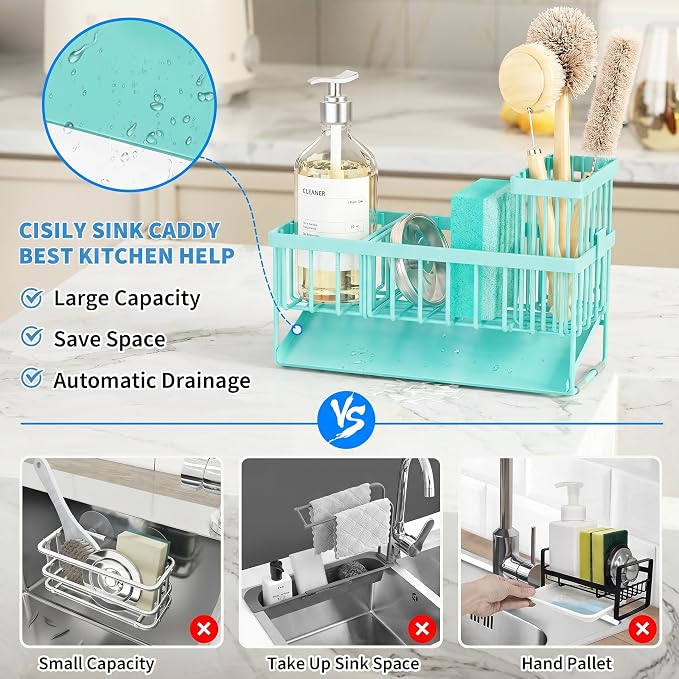 Cisily Kitchen Sink Caddy Organzier with High Brush Holder, Sponge Holder for Sink, 304 Rustproof Stainless, Kitchen Countertop Soap Dispenser Organizer (Turquoise, 9.25″) - Image 4