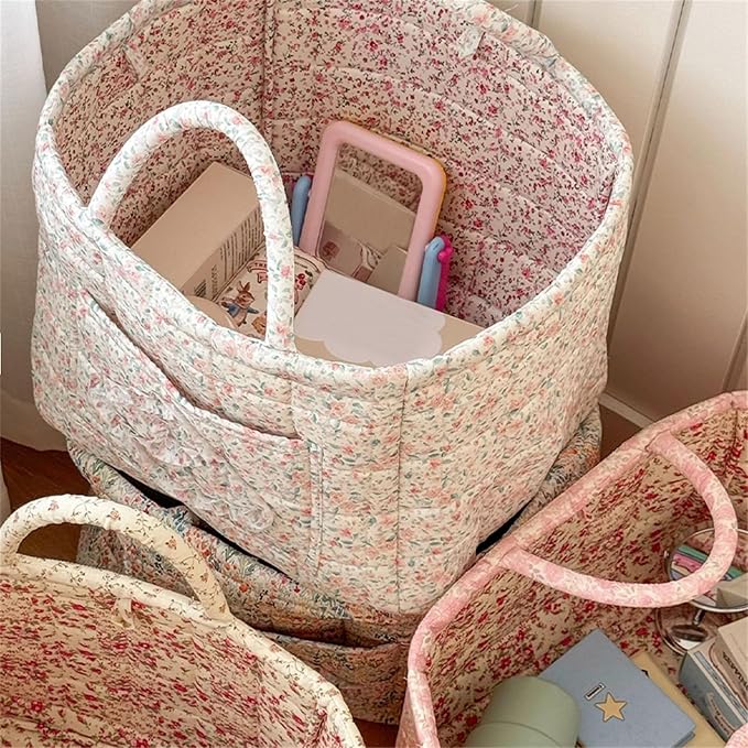 Quilted Fabric Storage Basket with Handles & Pocket, Foldable Laundry Hamper Boho Floral Print Organizer Bin for Home, Picnic, Office 12"x10"x10" (A-1) - Image 4