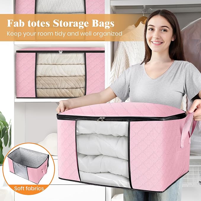 Fab totes 6 Pack Storage Bags for Clothes Blanket Storage Bins with Lids | Foldable Closet Organizers with Zippers,Window and Handles,Fabric Storage Bins for Sweater,Comforter,Bedding,Dorm essentials - Image 5