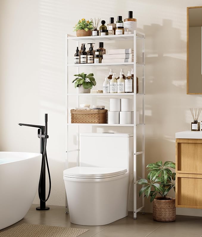 4-Tier Over The Toilet Storage Rack, Bathroom Organizer with One-Piece Metal Mesh Shelves, Over Toilet Shelf with Adjustable Feet & Anti-Tip Kit, Space-Saving Bathroom Storage, White by Unknown