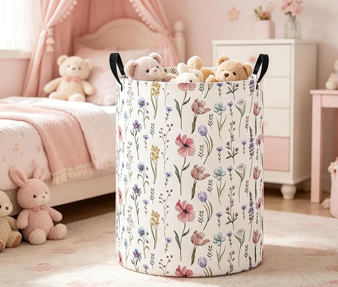Baby Laundry Basket Baby Nursery Hamper Kids Laundry Basket Toy Storage Bin for Boys Room Decor Gift Baskets for Bedroom Bathroom(Flower) - Image 3