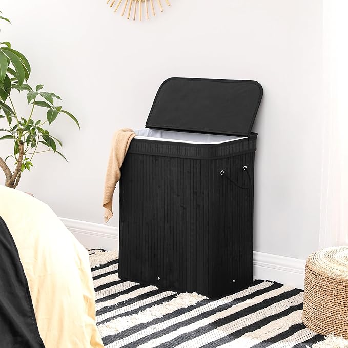 SONGMICS Laundry Hamper with Lid, Bamboo Laundry Basket, Removable Machine Washable Laundry Basket, with Handles, 26.4-Gallons, for Laundry Room, Bedroom, Bathroom, Ink Black ULCB63H - Image 3