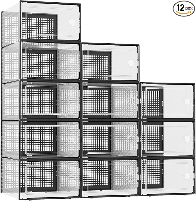 Kuject XX-Large Shoe Storage Boxes 12 Pack, Clear Stackable Shoe Organizer | Shoe Case for Closet, Entryway & Under-Bed Storage, Drop-Front Design, Space-Saving Solution for Family Organization,Black by Kuject