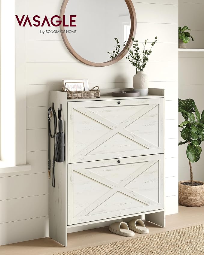 VASAGLE Narrow Shoe Storage Cabinet Organizer with 2 Flip Drawers | Freestanding Shoe Rack, Fits 14 to 16 Pairs, for Entryway, Farmhouse Style, Rustic White, HAINS Collection UHSC203WJ01S - Image 3