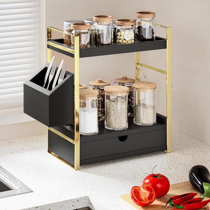 2-Tier Bathroom Counter Organizer, Wooden Vanity Shelf with Drawer & Basket - Image 7