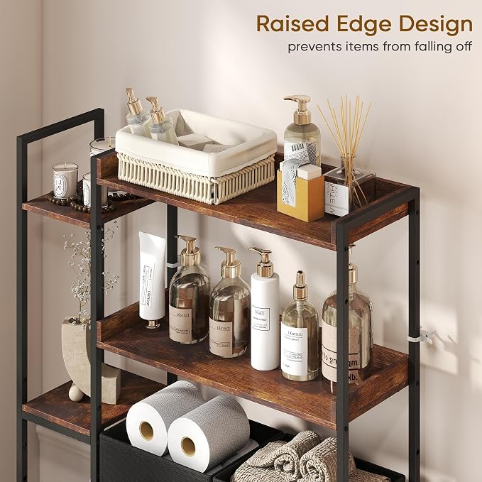 Over The Toilet Storage Rack, 7-Tier Over Toilet Bathroom Organizer with Adjustable Shelf, Above Toilet Storage with Hooks, Space-Saving, Brown Shelf - Image 3