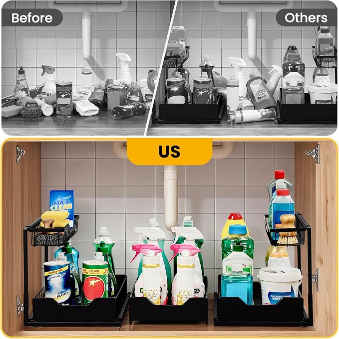 3 Pack, Under Sink Organizer 2-Tier with Slide Out Lower Drawer - Metal Pull Out Cabinet Organizer for Kitchen Bathroom, Includes Removable Center Basket & Storage Shelves, Space Saving Design - Image 3