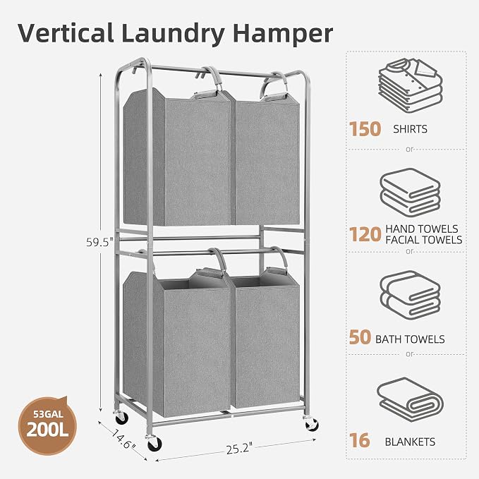 STORAGE MANIAC 4 Section Vertical Laundry Hamper, 2 Tier Laundry Sorter with 4 Removable Tote Bags, Rolling Clothes Basket for Towels, Blankets, Tall Dirty Clothes Hamper for Closet, 4 Bags Gray - Image 5
