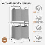 STORAGE MANIAC 4 Section Vertical Laundry Hamper, 2 Tier Laundry Sorter with 4 Removable Tote Bags, Rolling Clothes Basket for Towels, Blankets, Tall Dirty Clothes Hamper for Closet, 4 Bags Gray - Image 5