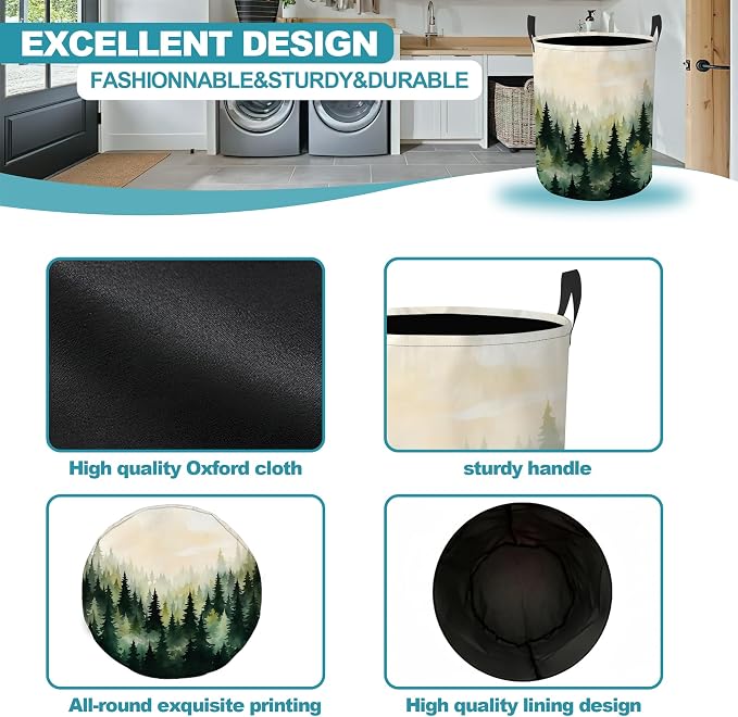 Laundry Hamper,Mountain Forest Collapsible Laundry Basket with Handles,Misty Pine Trees Waterproof Oxford Cloth Clothes Organizer for Bedroom Bathroom Dorm Nursery,16 x 20 Inch - Image 6