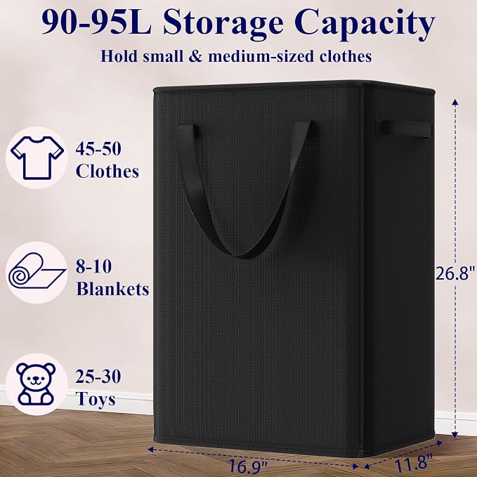 Optish 90L Slim Laundry Hamper, Large Laundry Basket With Handles, Black Narrow Laundry Basket for Dorm, Bedroom, Living Room, Collapsible Laundry Hamper - Image 3