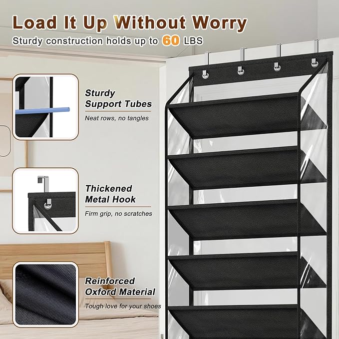 MISSLO 36 Pairs Clear Over the Door Shoe Organizer Closet Hanging Shoe Rack for Door with Large Deep Pockets Shoes Hanger Holder for Sneakers, Boots, Heels Storage (Black) - Image 5
