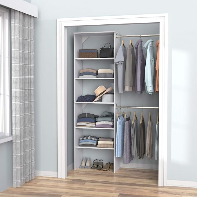 ClosetMaid SuiteSymphony Wood Closet Organizer System, 25-Inch Starter Kit with Tower and 3 Hang Rods and Shelving, Adjustable Shelves, Customizable Insert, Reach-in or Walk-in Closets, Pure White - Image 11