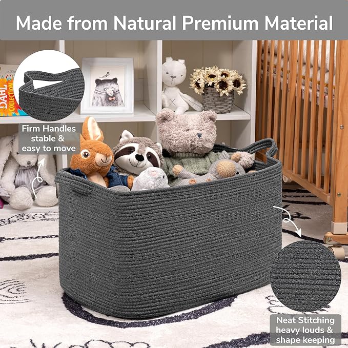 Goodpick 85L Large Woven Rope Blanket Basket, Rectangle, Dark Gray - Image 6