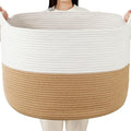 Foldable Laundry Hamper Basket with Collapsible Handle Cotton Rope Soft Woven Fabric Storage Organizer Clothes Toys Nursery Bedroom Dorm Space Saving Bin (White & Camel, 65L(19.7"D x 12.6"H)) by BEVOVBE