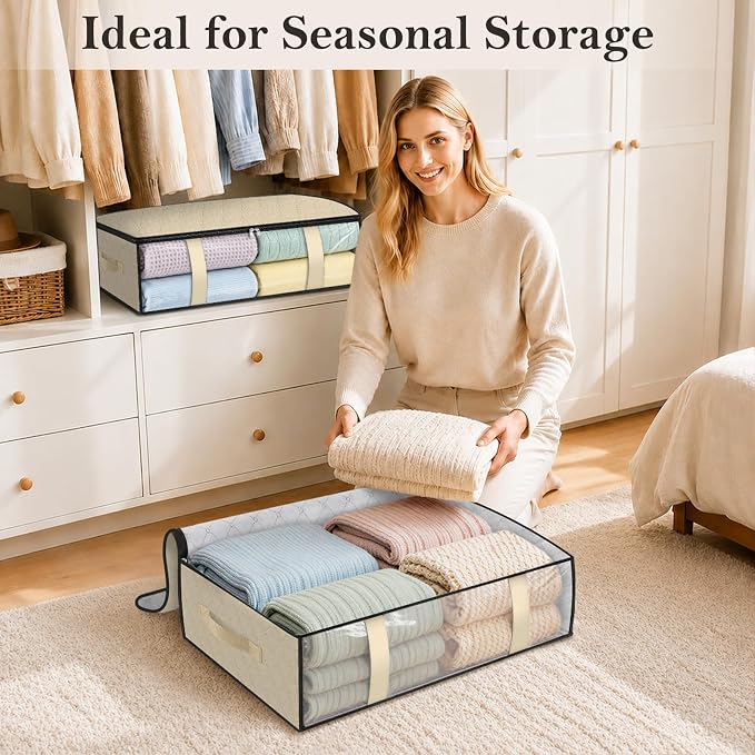 StorageRight Under Bed Storage Bags, 6 Pack, 40L, Beige | Breathable Non-Woven Fabric with a Clear Window and Zippered Top for Clothes, Comforters, Blankets and Seasonal Storage - Image 8