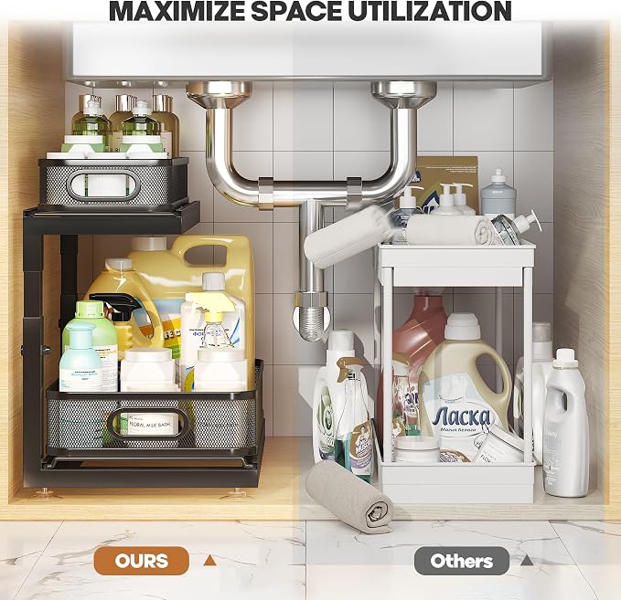 2-Pack Under Sink Storage Organizer with 2-Tier Slide Out Drawer, Sophisticated Mesh Pull Out Shelf for Kitchen & Bathroom, Fits Small Items, Upgraded Arched Track for Smooth Gliding(Patented) - Image 5