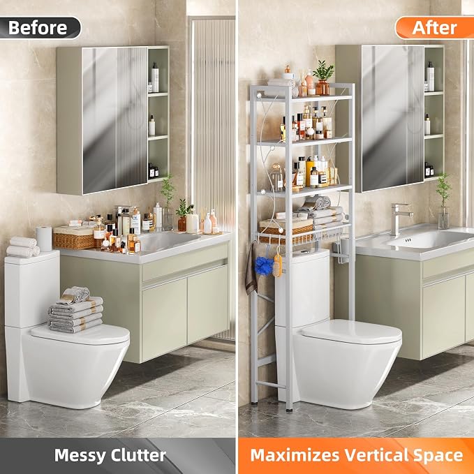 Over-The-Toilet Storage Rack, 4-Tier Bathroom Organizer Shelf Over Toilet with Adjustable Shelf and Basket, Freestanding Space Saver Bathroom Shelves Above Toilet for Room (Pure White) - Image 5