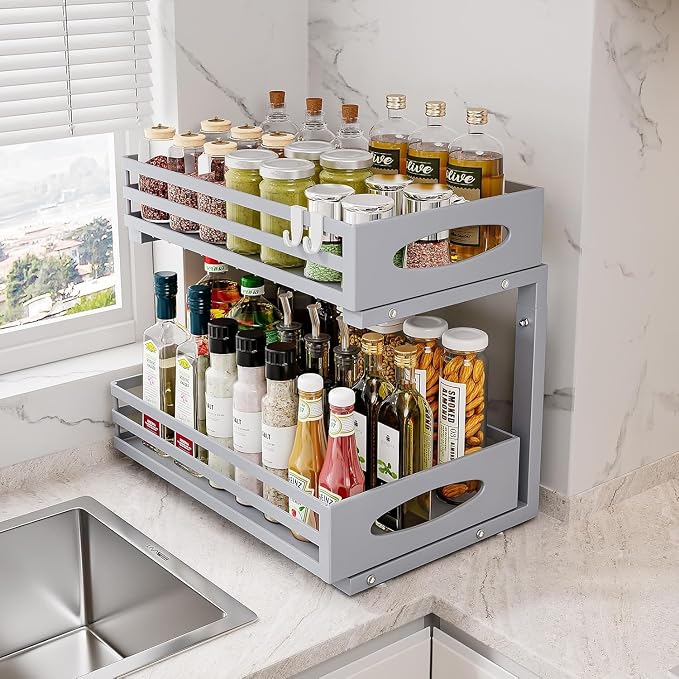 Under Sink Organizer, 2 Tier Under Sink Organizers and Storage, Adjustable Height, Slide out Metal Cabinet Organizers, Pull out Cabinet Storage Drawer Shelf for Kitchen Bathroom (Gray, 2 Pack) - Image 3