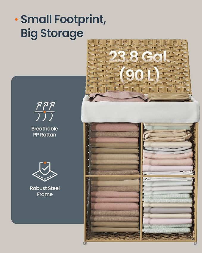 SONGMICS HOME Laundry Hamper with Lid, Clothes Basket with Removable Liner and Handles, 23.8 Gallon, Foldable Narrow Laundry Organizer for Bathroom, Bedroom, Light Brown - Image 3