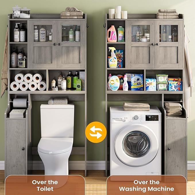 Itaar Over The Toilet Storage Cabinet, Over Toilet Bathroom Organizer with Glass Doors & Toilet Paper Holder Stand, Home Space-Saving Toilet Rack, for Bathroom, Restroom, Laundry, Grey - Image 5